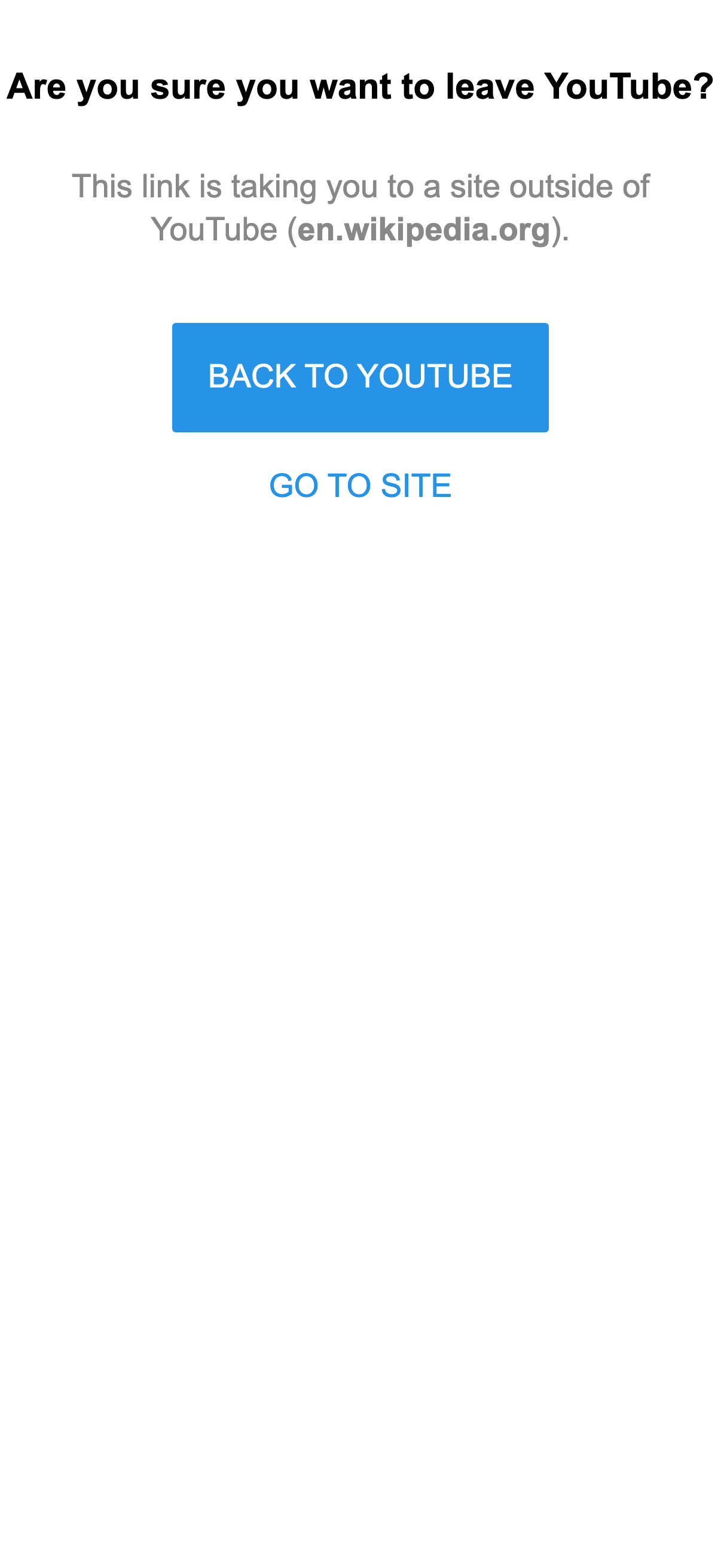 YouTube external-site warning → go-to-site link → the real Wikipedia article